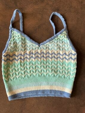 Blue & Mint Knit Chevron Crop Tank Top - Women